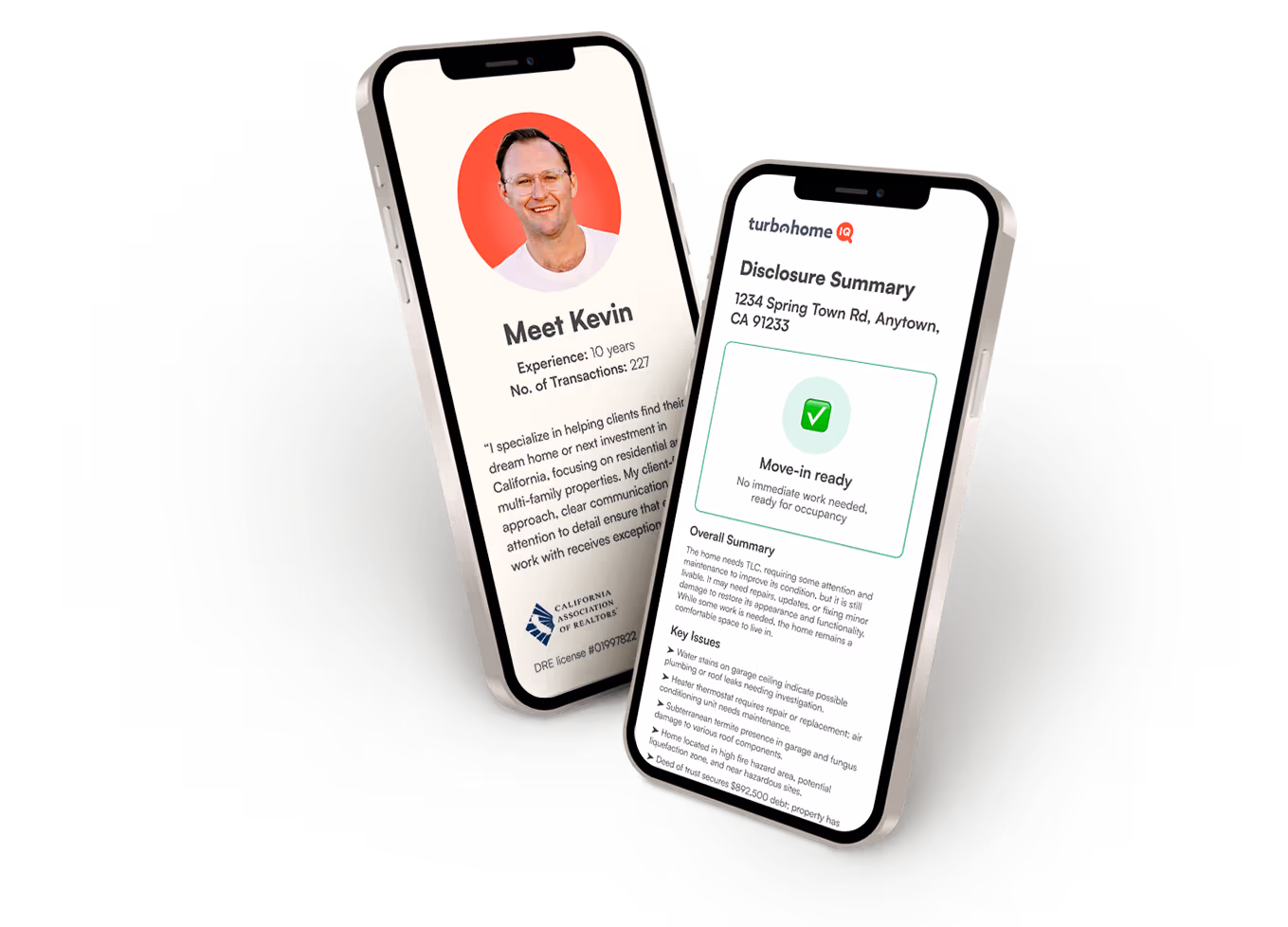 Two iPhones. One with a TurboHome screen that contains a profile photo and 'Meet Kevin' heading. The other with a TurboHome IQ screen with an example Disclosure Summary.